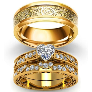 Gold Celtic Dragon Inlay and Heart Cubic Zirconia Stainless Steel Wedding Ring Set-Couple Rings-Innovato Design-6-5-Innovato Design