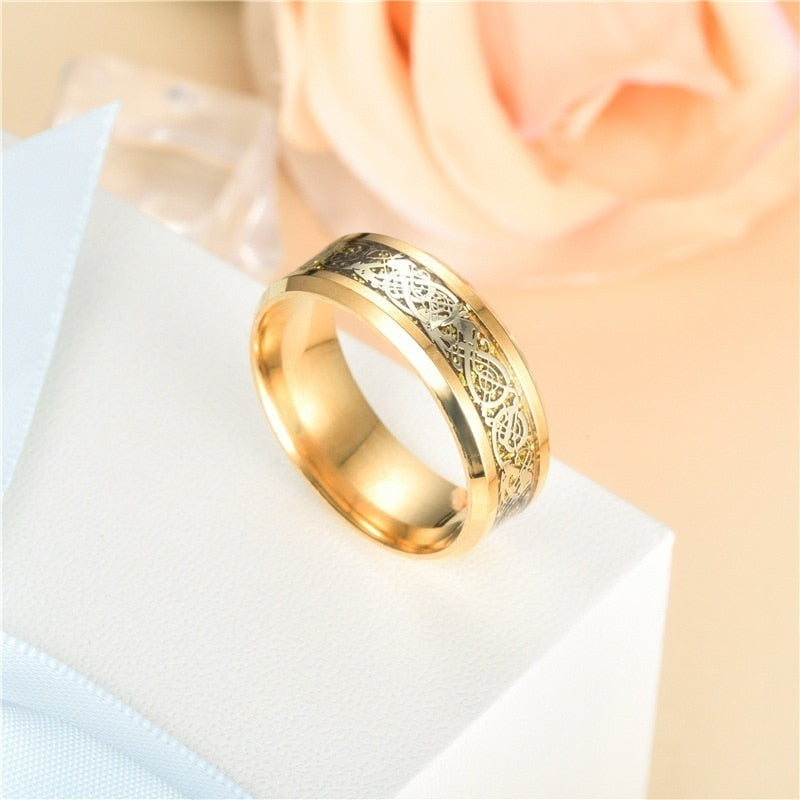 Gold Celtic Dragon Inlay and Heart Cubic Zirconia Stainless Steel Wedding Ring Set-Couple Rings-Innovato Design-6-5-Innovato Design