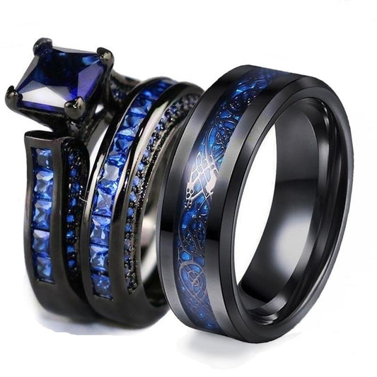 8mm Black Celtic Dragon Inlay and Blue Rhinestone & Cubic Zirconia Stainless Steel Wedding Ring Set-Couple Rings-Innovato Design-6-5-Innovato Design