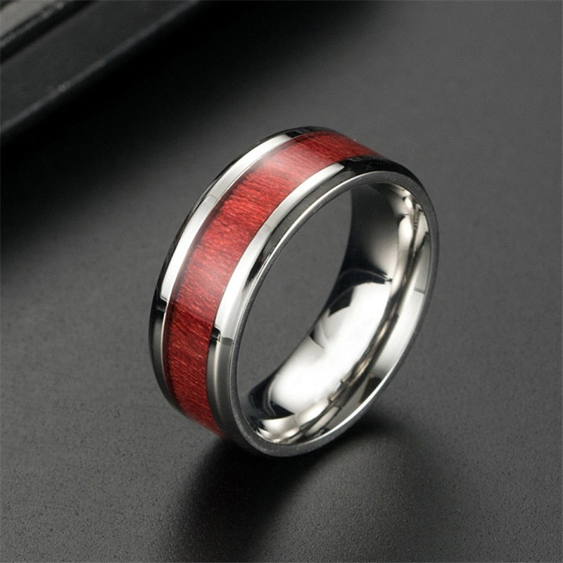 Red Koa Wood Inlay and White/Red Cubic Zirconia Stainless Steel Wedding Ring Set-Couple Rings-Innovato Design-5-6-Innovato Design