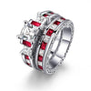 Red Koa Wood Inlay and White/Red Cubic Zirconia Stainless Steel Wedding Ring Set-Couple Rings-Innovato Design-5-6-Innovato Design
