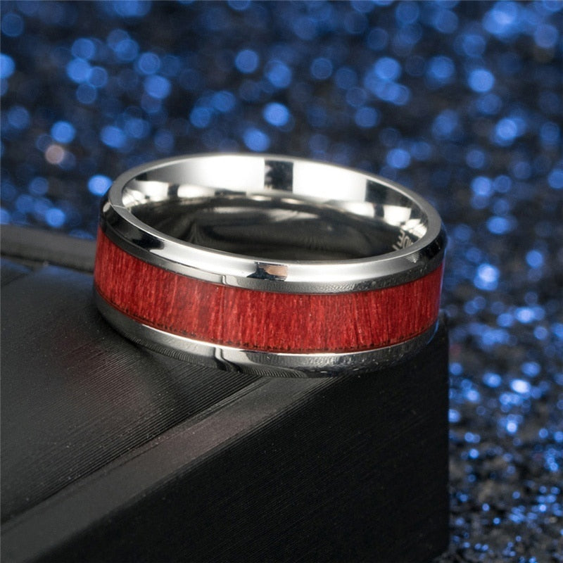 Red Koa Wood Inlay and White/Red Cubic Zirconia Stainless Steel Wedding Ring Set-Couple Rings-Innovato Design-5-6-Innovato Design