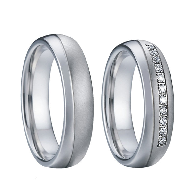 Brushed & Polished Silver and Cubic Zirconia Stainless Steel Wedding Ring Set-Couple Rings-Innovato Design-7-5-Innovato Design