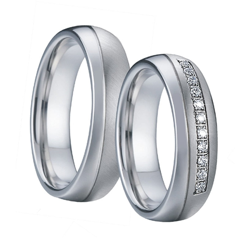 Brushed & Polished Silver and Cubic Zirconia Stainless Steel Wedding Ring Set-Couple Rings-Innovato Design-7-5-Innovato Design