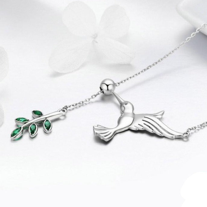 Hummingbird and Olive Branch 925 Sterling Silver Fashion Pendant Necklace-Necklaces-Innovato Design-Innovato Design