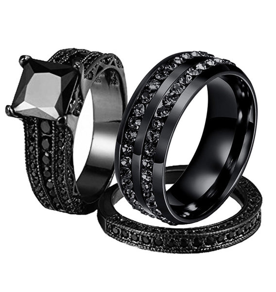 Double Row and Black Cubic Zirconia 316L Stainless Steel Wedding Ring Set-Couple Rings-Innovato Design-6-5-Innovato Design