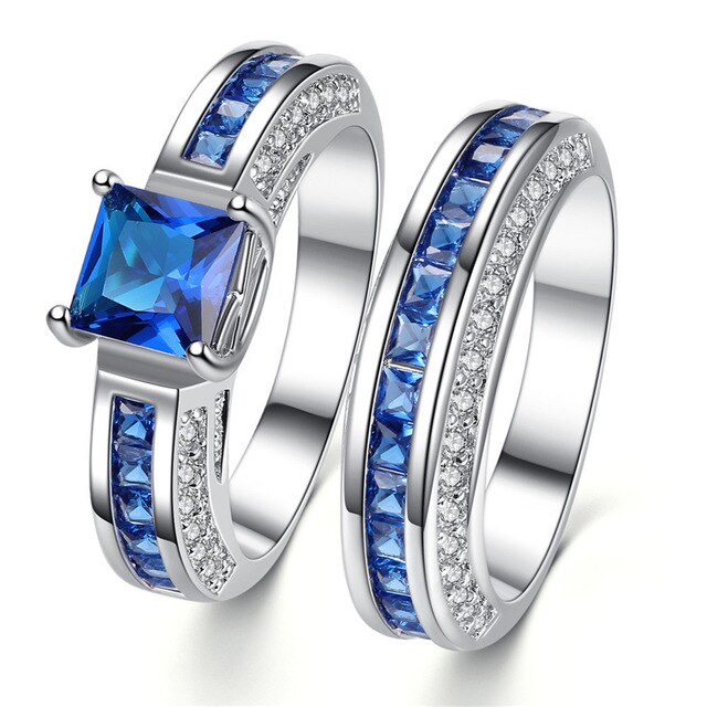 Blue/Silver and Blue Cubic Zirconia Stainless Steel Wedding Ring Set-Couple Rings-Innovato Design-6-5-Innovato Design