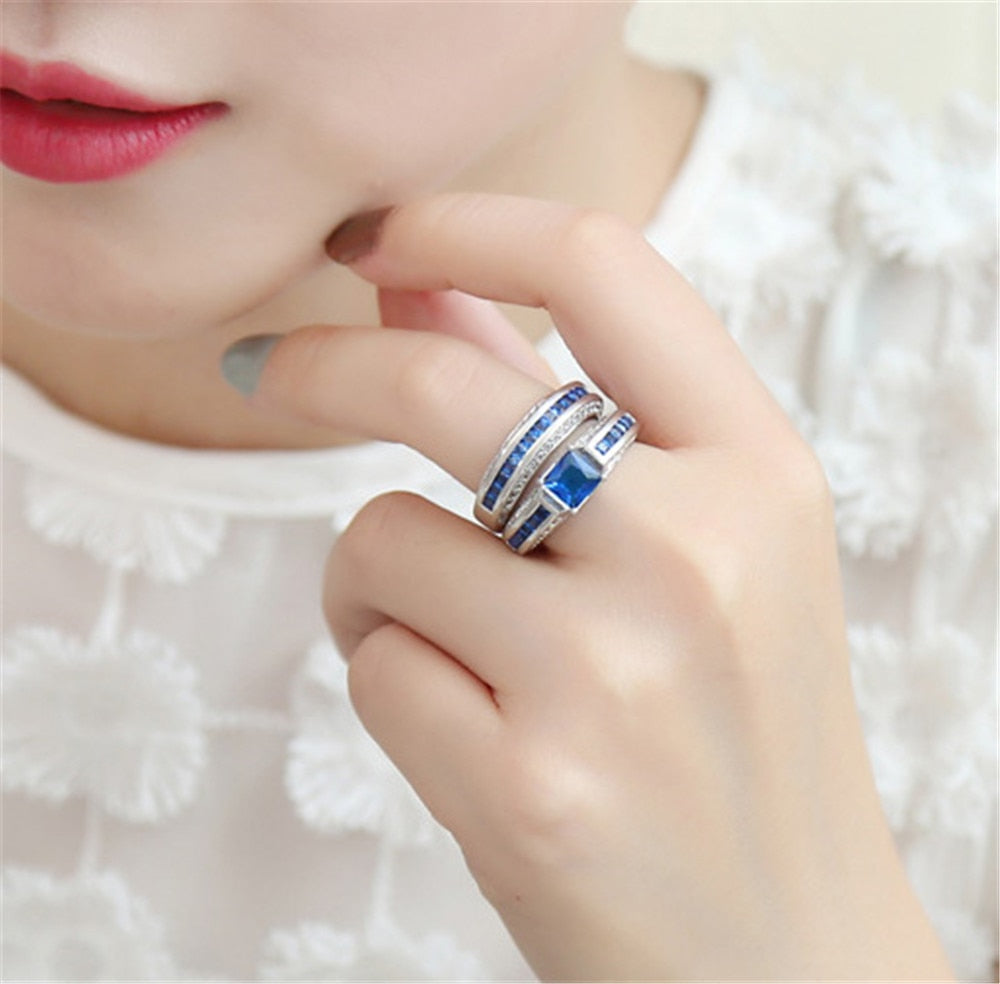 Blue/Silver and Blue Cubic Zirconia Stainless Steel Wedding Ring Set-Couple Rings-Innovato Design-6-5-Innovato Design