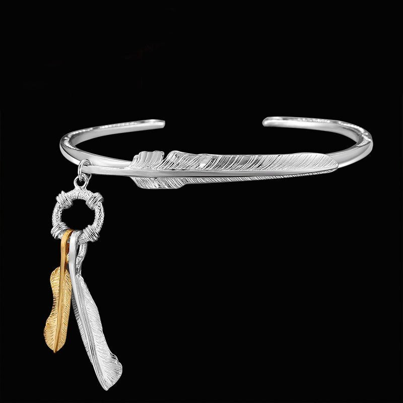 Gold and Silver Feather 925 Sterling Silver Vintage Bracelet-Bracelets-Innovato Design-Innovato Design