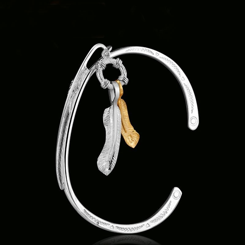 Gold and Silver Feather 925 Sterling Silver Vintage Bracelet-Bracelets-Innovato Design-Innovato Design