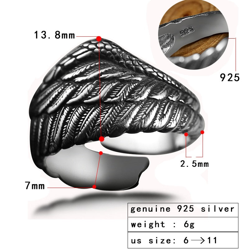 Eagle Wing Feather 925 Sterling Silver Vintage Retro Biker Ring-Gothic Rings-Innovato Design-Innovato Design