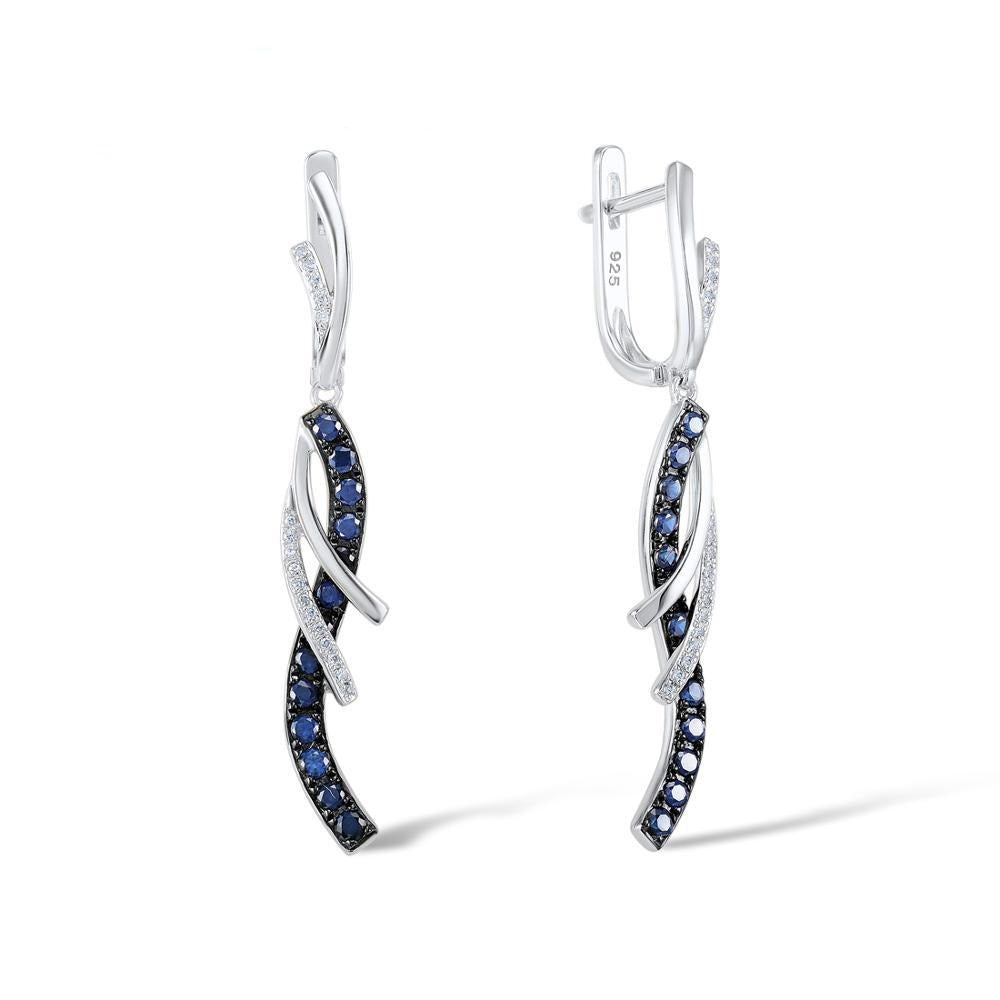 Waved Design Blue and White Cubic Zirconia 925 Sterling Silver Fashion Pendant and Drop Earrings Jewelry Set-Necklaces-Innovato Design-Innovato Design