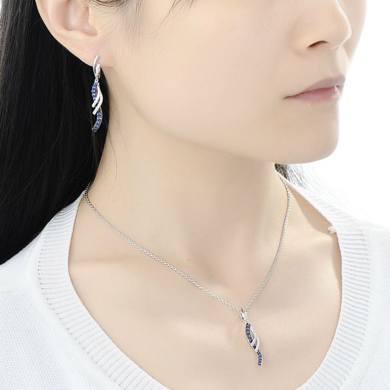 Waved Design Blue and White Cubic Zirconia 925 Sterling Silver Fashion Pendant and Drop Earrings Jewelry Set-Necklaces-Innovato Design-Innovato Design