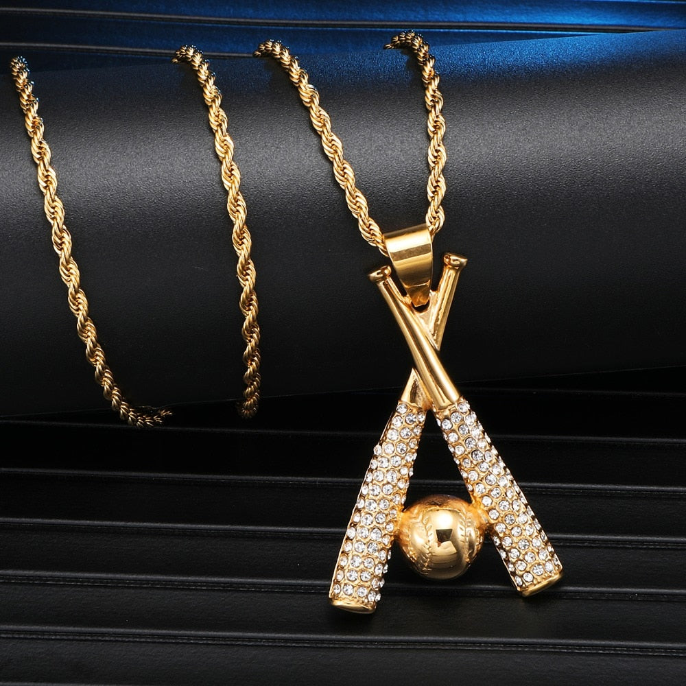 Gemstone-Studded Gold-Plated Baseball Bling Stainless Steel Hip-hop Pendant Necklace-Necklaces-Innovato Design-Innovato Design
