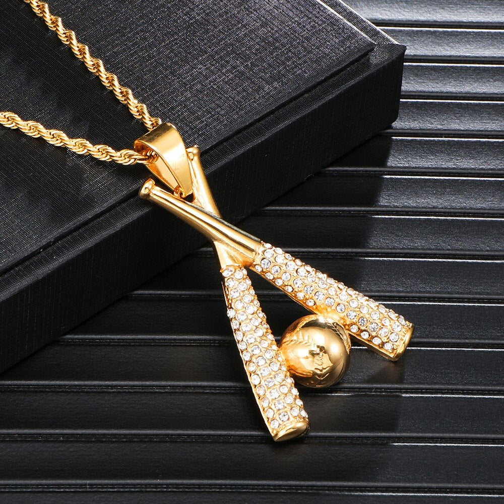 Gemstone-Studded Gold-Plated Baseball Bling Stainless Steel Hip-hop Pendant Necklace-Necklaces-Innovato Design-Innovato Design