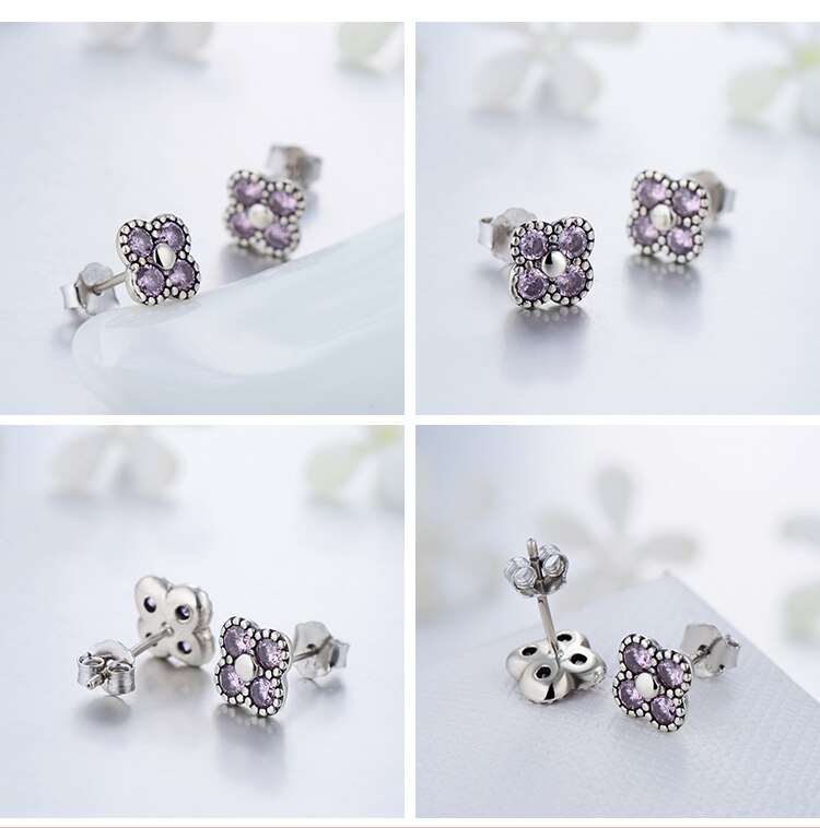 Purple Flower Cubic Zirconia 925 Sterling Silver Necklace, Earrings & Ring Fashion Jewelry Set-Jewelry Sets-Innovato Design-6-Innovato Design