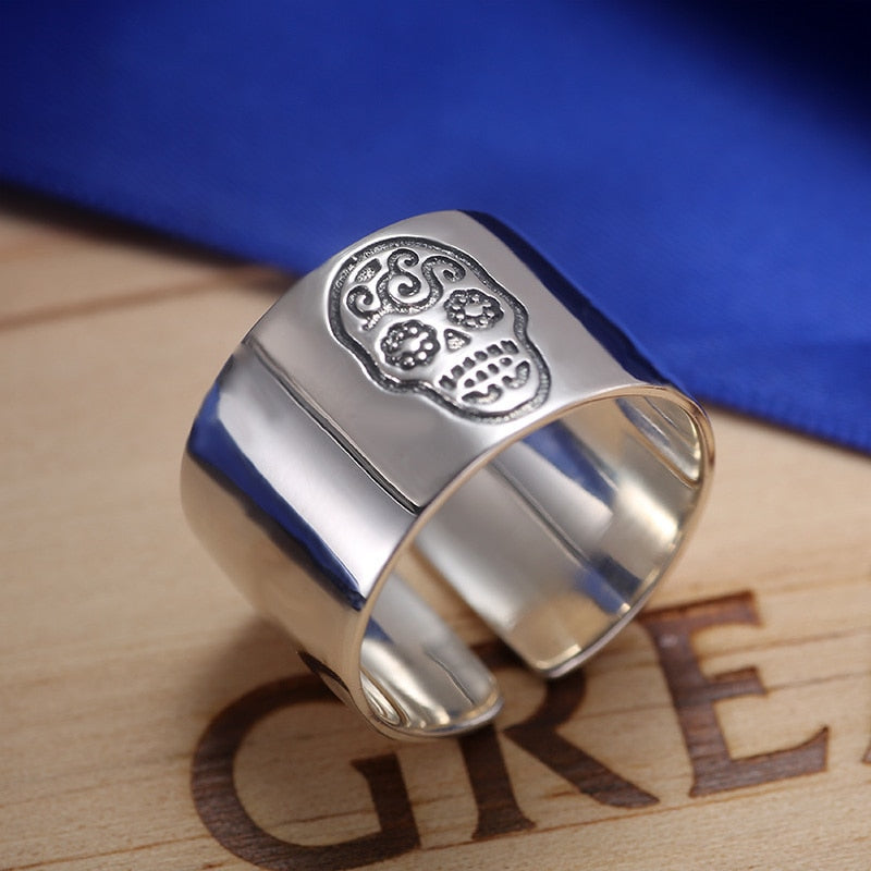 Sugar Skull Signet 925 Sterling Silver Adjustable High Polished Fashion Rock Ring-Gothic Rings-Innovato Design-Innovato Design