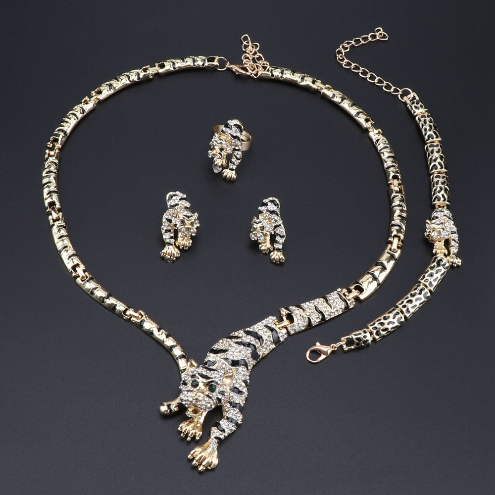 Gold/Silver-Plated Tiger Crystal Necklace, Bracelet, Earrings & Ring Wedding Statement Jewelry Set-Jewelry Sets-Innovato Design-Silver-Innovato Design