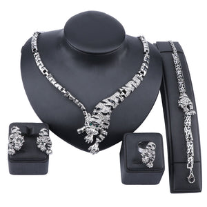 Gold/Silver-Plated Tiger Crystal Necklace, Bracelet, Earrings & Ring Wedding Statement Jewelry Set-Jewelry Sets-Innovato Design-Silver-Innovato Design