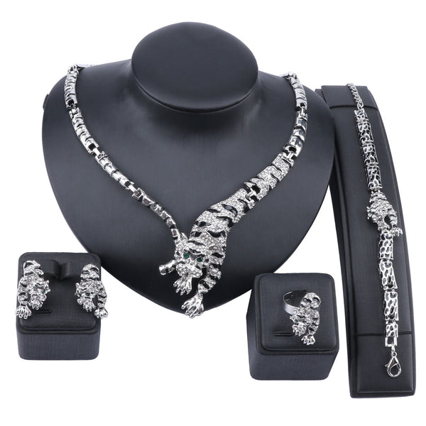 Gold/Silver-Plated Tiger Crystal Necklace, Bracelet, Earrings & Ring Wedding Statement Jewelry Set