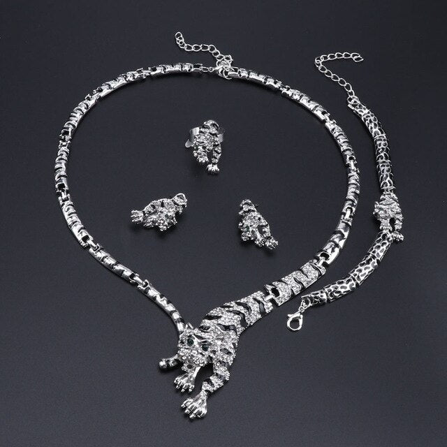 Gold/Silver-Plated Tiger Crystal Necklace, Bracelet, Earrings & Ring Wedding Statement Jewelry Set-Jewelry Sets-Innovato Design-Silver-Innovato Design