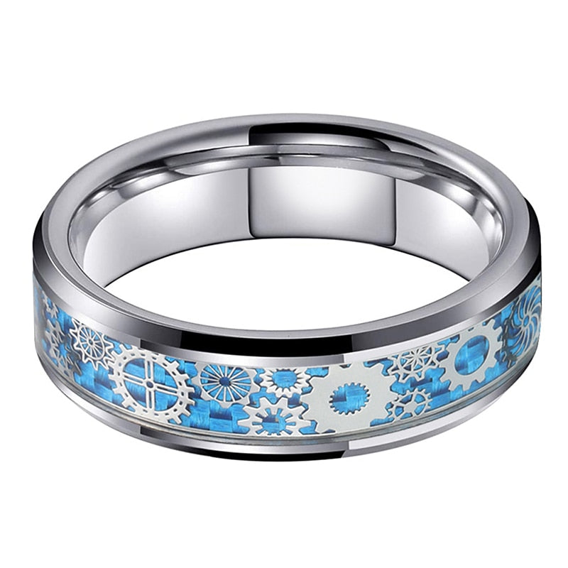 Blue & Silver Carbon Fiber with Gear Inlay Tungsten Matching Wedding Ring Set-Couple Rings-Innovato Design-6-5-Innovato Design