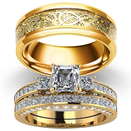 Gold Celtic Dragon and White Cubic Zirconia Gold-Plated Stainless Steel Wedding Ring Set-Couple Rings-Innovato Design-6-5-Innovato Design