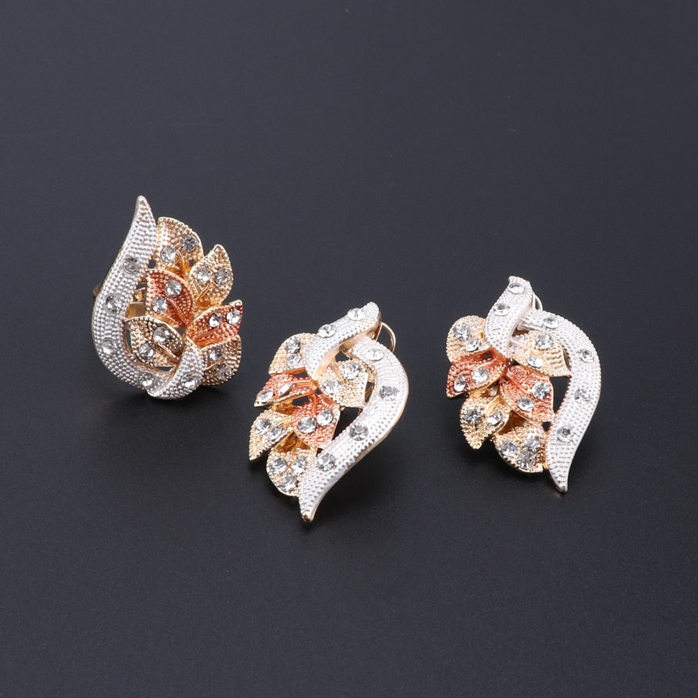 African Crystal and Leaves Necklace, Bracelet, Earrings & Ring Wedding Statement Jewelry Set-Jewelry Sets-Innovato Design-Innovato Design