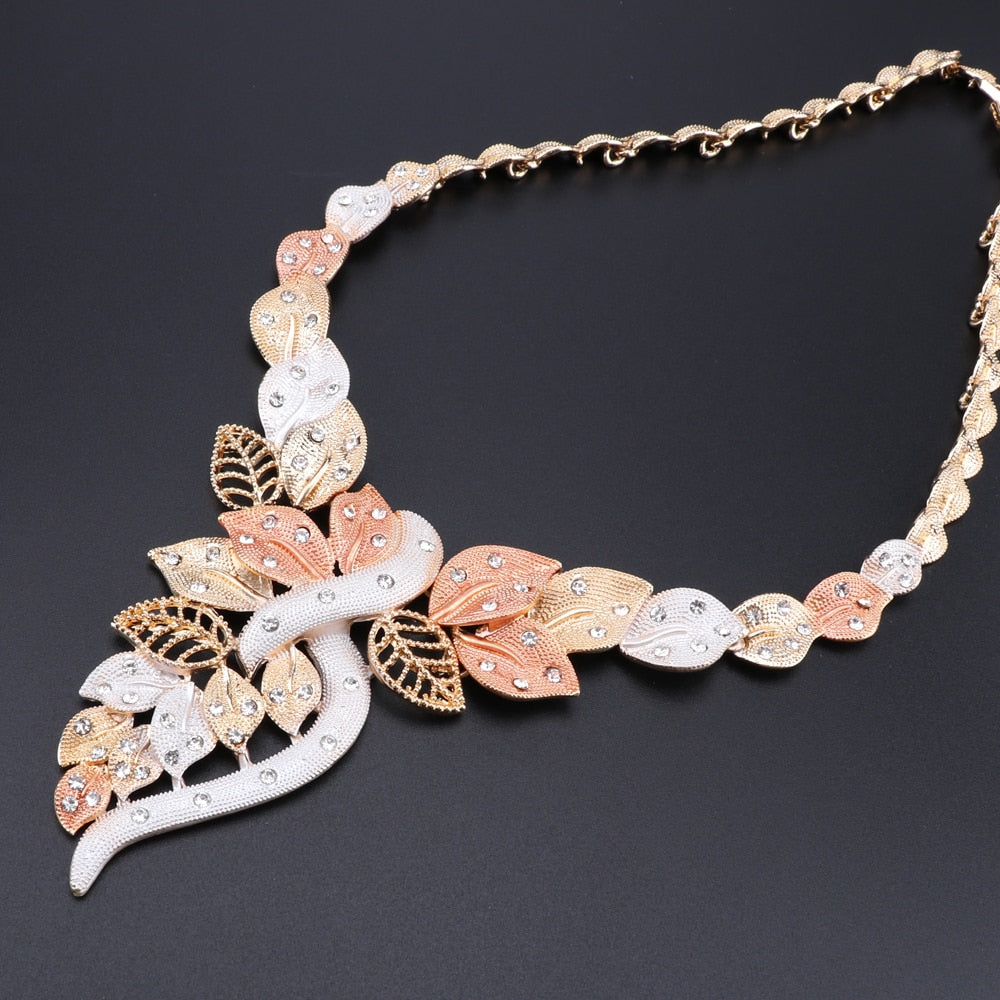 African Crystal and Leaves Necklace, Bracelet, Earrings & Ring Wedding Statement Jewelry Set-Jewelry Sets-Innovato Design-Innovato Design