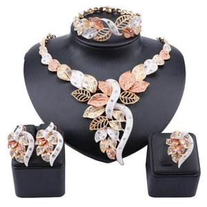 African Crystal and Leaves Necklace, Bracelet, Earrings & Ring Wedding Statement Jewelry Set-Jewelry Sets-Innovato Design-Innovato Design