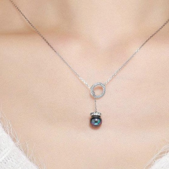 Lucky Circle and Black Pearl 925 Sterling Silver Fashion Pendant Necklace-Necklaces-Innovato Design-Innovato Design