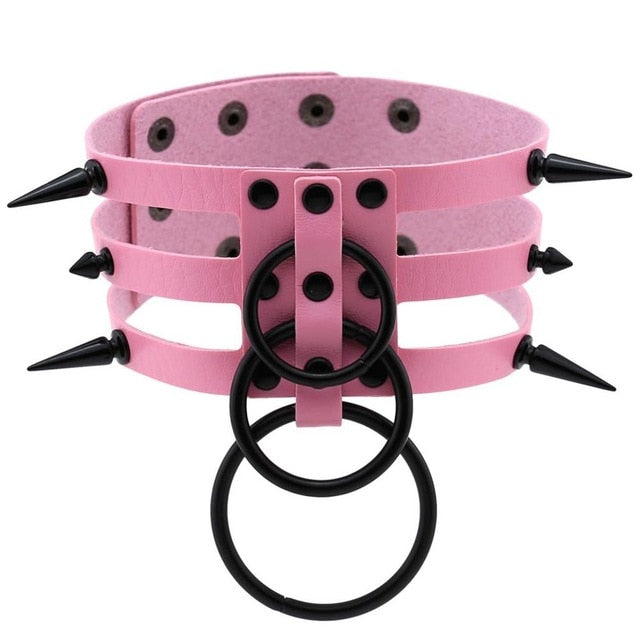 Black Spike Stud and Metal Ring Collar Choker Leather Gothic Harajuku Necklace-Necklace-Innovato Design-Pink-Innovato Design