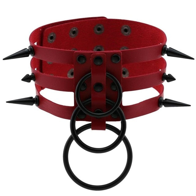 Black Spike Stud and Metal Ring Collar Choker Leather Gothic Harajuku Necklace-Necklace-Innovato Design-Red-Innovato Design