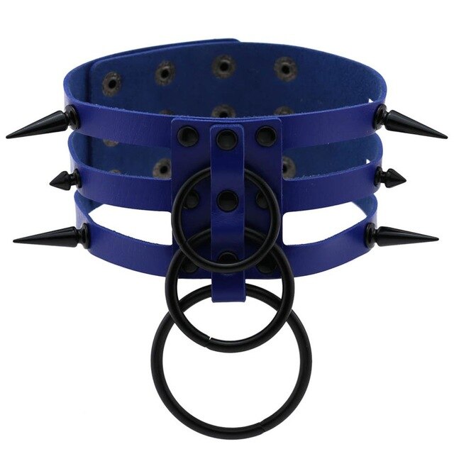 Black Spike Stud and Metal Ring Collar Choker Leather Gothic Harajuku Necklace-Necklace-Innovato Design-Blue-Innovato Design