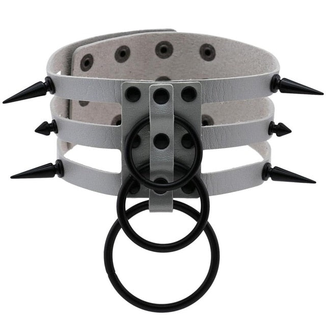 Black Spike Stud and Metal Ring Collar Choker Leather Gothic Harajuku Necklace-Necklace-Innovato Design-Gray-Innovato Design