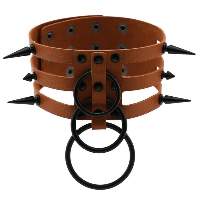 Black Spike Stud and Metal Ring Collar Choker Leather Gothic Harajuku Necklace-Necklace-Innovato Design-Brown-Innovato Design