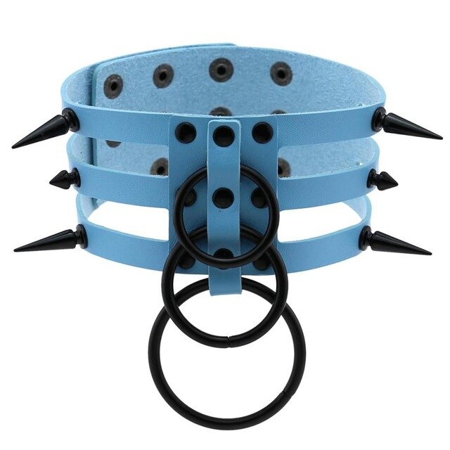 Black Spike Stud and Metal Ring Collar Choker Leather Gothic Harajuku Necklace-Necklace-Innovato Design-Sky Blue-Innovato Design