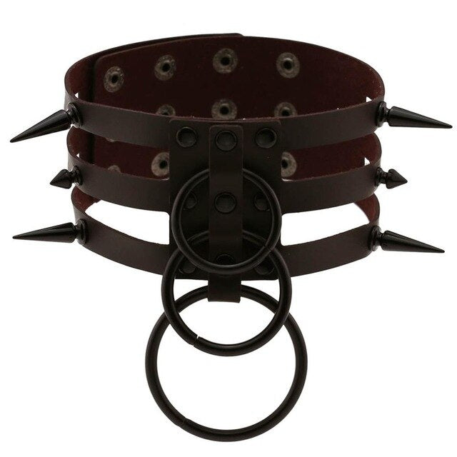 Black Spike Stud and Metal Ring Collar Choker Leather Gothic Harajuku Necklace-Necklace-Innovato Design-Coffee-Innovato Design