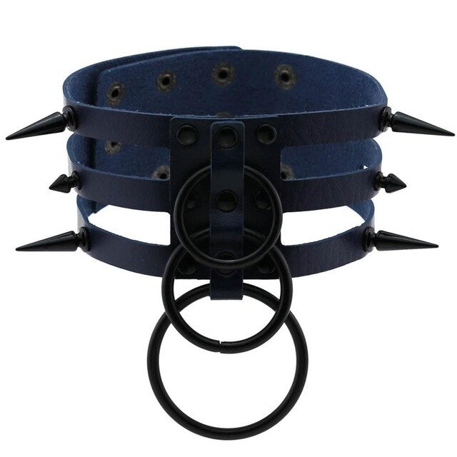 Black Spike Stud and Metal Ring Collar Choker Leather Gothic Harajuku Necklace-Necklace-Innovato Design-Dark Blue-Innovato Design
