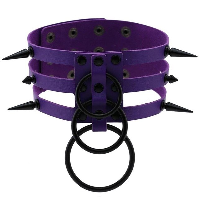 Black Spike Stud and Metal Ring Collar Choker Leather Gothic Harajuku Necklace-Necklace-Innovato Design-Purple-Innovato Design