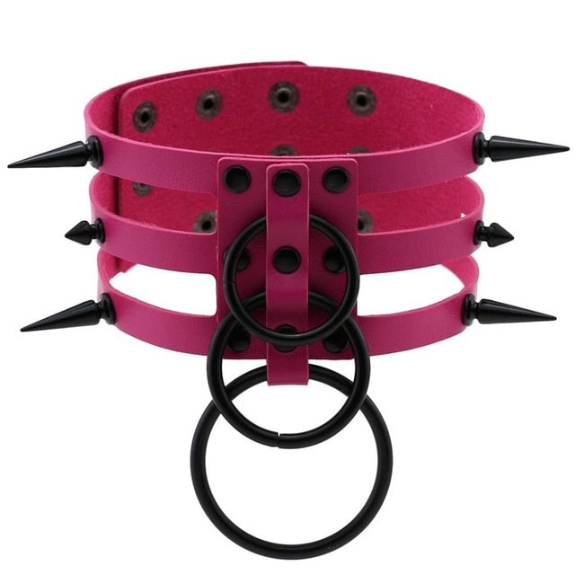 Black Spike Stud and Metal Ring Collar Choker Leather Gothic Harajuku Necklace-Necklace-Innovato Design-Rose-Innovato Design