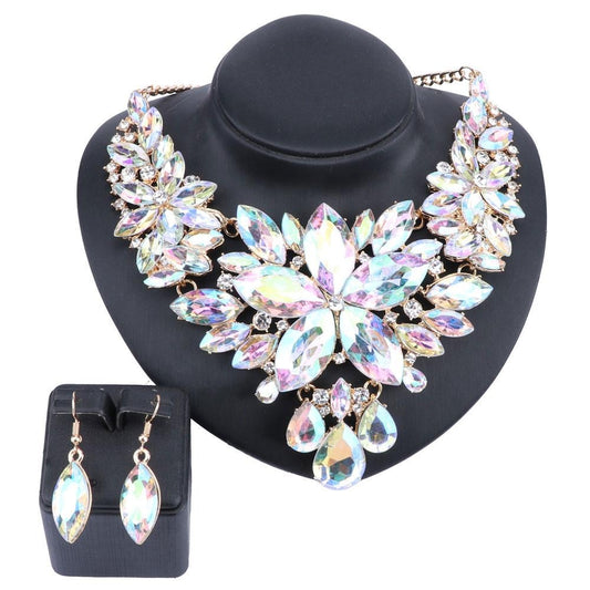 Crystal Flower and Rhinestone Necklace & Earrings Wedding Statement Jewelry Set