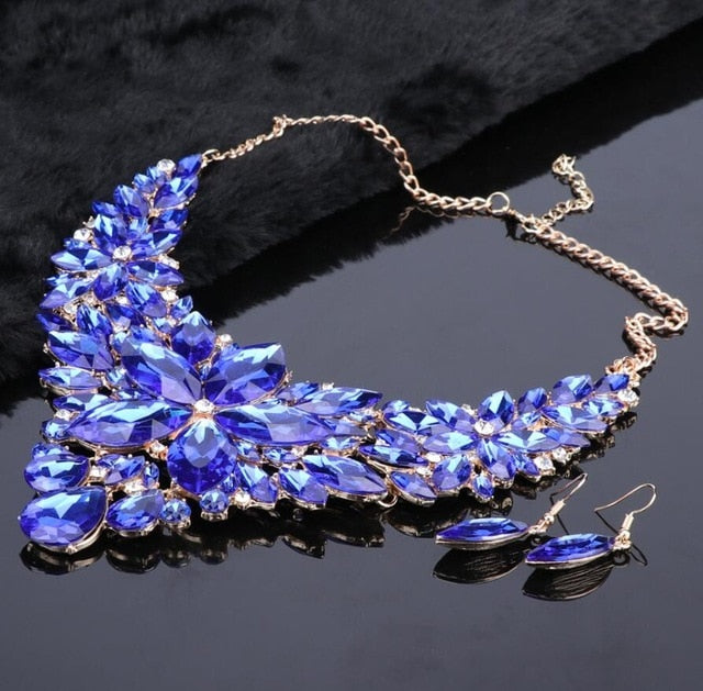 Crystal Flower and Rhinestone Necklace & Earrings Wedding Statement Jewelry Set-Jewelry Sets-Innovato Design-Silver-Innovato Design