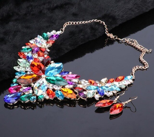 Crystal Flower and Rhinestone Necklace & Earrings Wedding Statement Jewelry Set-Jewelry Sets-Innovato Design-Silver-Innovato Design