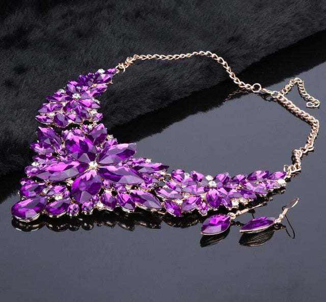 Crystal Flower and Rhinestone Necklace & Earrings Wedding Statement Jewelry Set-Jewelry Sets-Innovato Design-Silver-Innovato Design