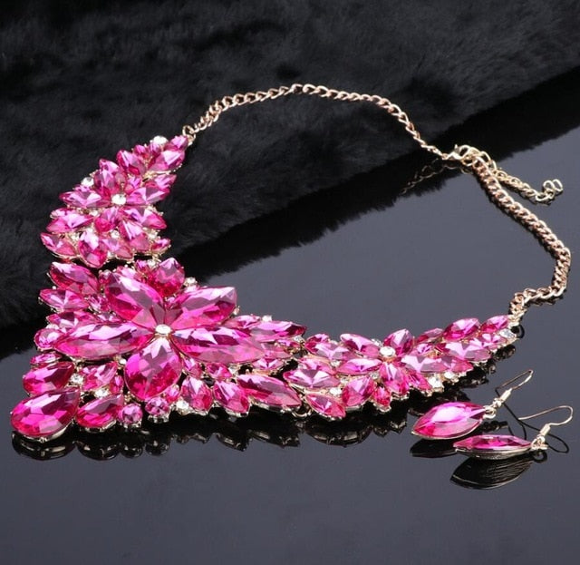 Crystal Flower and Rhinestone Necklace & Earrings Wedding Statement Jewelry Set-Jewelry Sets-Innovato Design-Silver-Innovato Design