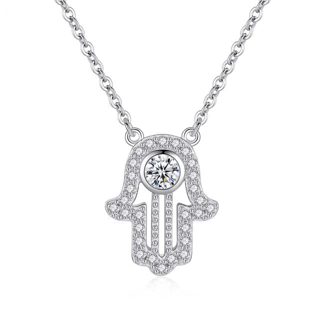 Lucky Hamsa Hand 925 Sterling Silver Long Pendant Necklace-Necklaces-Innovato Design-Silver-18 Inch-Innovato Design