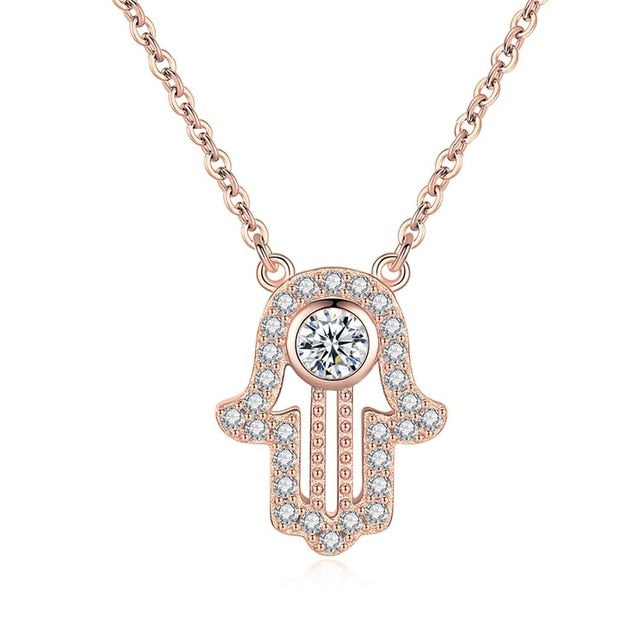 Lucky Hamsa Hand 925 Sterling Silver Long Pendant Necklace-Necklaces-Innovato Design-Rose Gold-18 Inch-Innovato Design