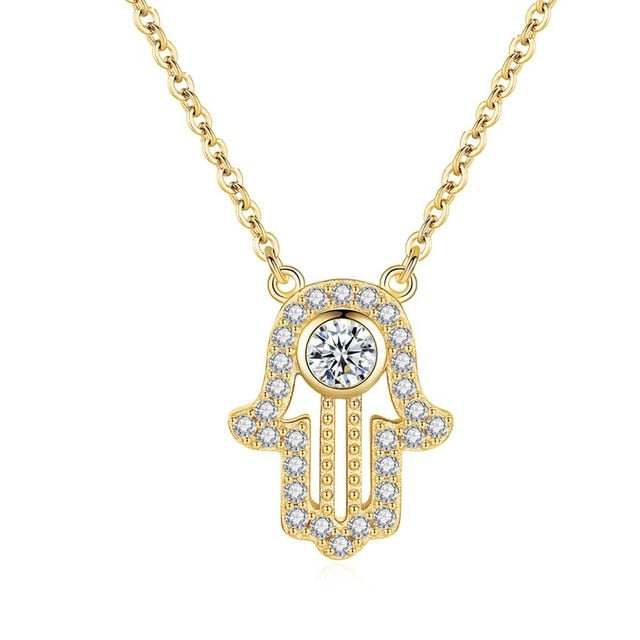 Lucky Hamsa Hand 925 Sterling Silver Long Pendant Necklace-Necklaces-Innovato Design-Gold-18 Inch-Innovato Design