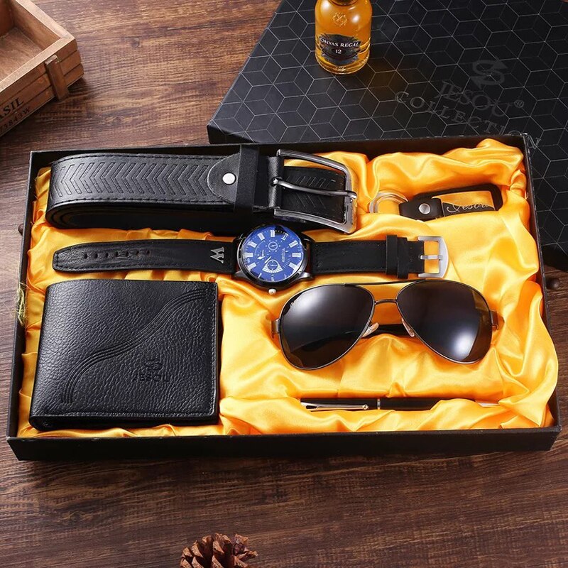 Men Large Dial Quartz Watch, Belt, Folding Wallet, Sunglasses, Keychain, and Ballpoint Pen Gift Set-Jewelry Sets-Innovato Design-Innovato Design